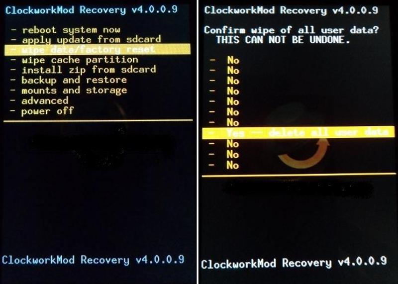 Строка "wipe data" Подтверждение выбора